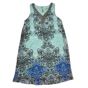 Sandra Darren Shift Dress Size 10 Blue Beaded Sleeveless Lined Boho Vacation
